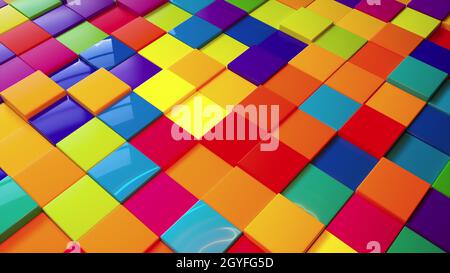 Geometrisches 3d-Rendern einfacher Quadrate, die mit Linien auf der Oberfläche gelegt wurden. Bunte Boxen in dynamischer Beleuchtung mit hellen Akzenten. Digital Wall Creative PR Stockfoto