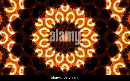 Warmgelbes Kaleidoskop. Im Herbst Mit Spiralmuster Und Tie-Dye-Muster. Kaleidoskopische Textur. Zigeunerkleid. Warme Farben Farbmix-Design. Indonesischer Stoff In Warmen Farben Stockfoto
