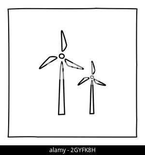 Symbol oder Logo der Windmühle von Doodle, handgezeichnet mit einer dünnen schwarzen Linie. Grafikdesign-Element auf weißem Hintergrund isoliert. Vektorgrafik Stockfoto