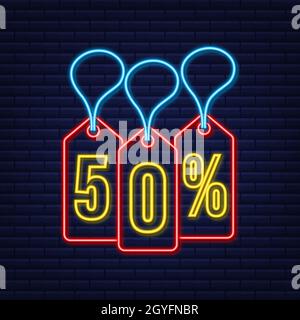 50 % RABATT auf den Neon-Tag. Preisschild des Rabattangebots. 50 % Rabatt Aktion flaches Symbol mit langem Schatten. Stock Vektor