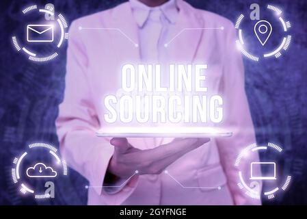 Textüberschrift zur Online-Beschaffung, Geschäftskonzept der Kauf von Waren und Dienstleistungen erfolgt über das Uniform Standing Tablet Han der Internet Lady Stockfoto