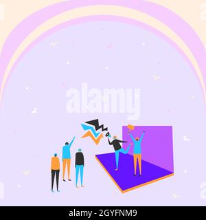 Illustration Eines Paares Auf Der Bühne, Das Ansage An Die Kleine Menge Macht. Stockfoto