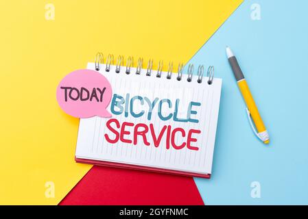 Textunterschrift präsentiert Fahrrad-Service, Business-Schaufenster mit Dienstleistungen wie Fahrradverleih oder Wartung Bunte Perpective positive Thinkin Stockfoto