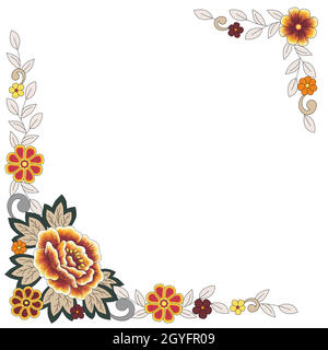 Quadratische Vektor-Vorlage für Grußkarte, Einladung oder Postkarte mit floralen bunten Zierelementen in den Ecken. Folk-Stil Blumen und verlassen Stock Vektor