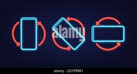 Drehen Sie das isolierte Symbol des Smartphones. Neonsymbol. Symbol für die Geräterichtung. Schalten Sie das Gerät ein. Vektorgrafik Stock Vektor