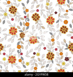Florales Nahtloses Vektor-Trendmuster. Rote, gelbe, orangefarbene Blüten, graue und hellbeige Locken und schlichte Blätter mit dunkler Kontur auf weißem Grund Stock Vektor
