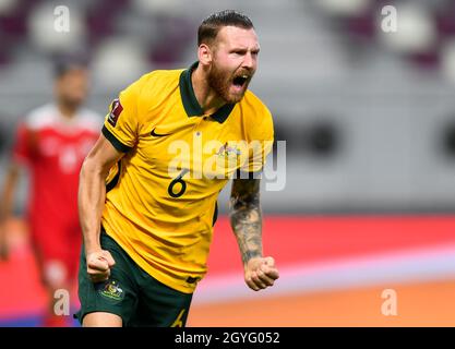 Doha, Katar. Oktober 2021. Martin Boyle aus Australien feiert während der FIFA Fußball-Weltmeisterschaft Katar 2022 das Asienspiel zwischen Australien und Oman in Doha, Katar, 7. Oktober 2021. Kredit: Nikku/Xinhua/Alamy Live Nachrichten Stockfoto