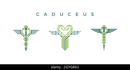 Caduceus isolierte Ikonen mit Schlangen, Krone und Flügeln. Medizinischer Vektor-Logosatz. Stock Vektor