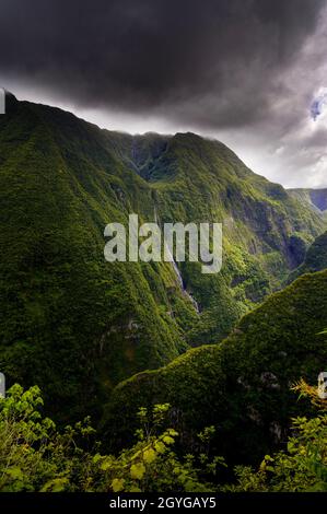 Wasserfall und trübe Landschaft am Takamaka Tal, Insel Reunion Stockfoto