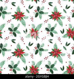 Nahtloses Muster für weihnachtliche Geschenkpapiere und Textilien. Aquarell-Illustration mit Weihnachtssternen und Stechpalmblättern und Beeren. Stockfoto