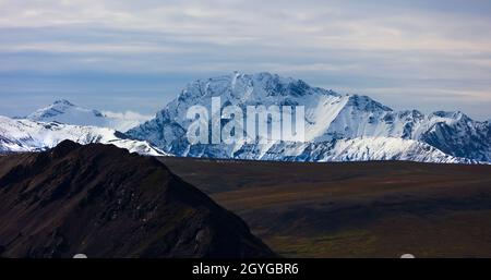 Die ALASKISCHE BERGKETTE ragt über der Tundra im DENALI NATIONAL PARK, ALASKA, hoch Stockfoto