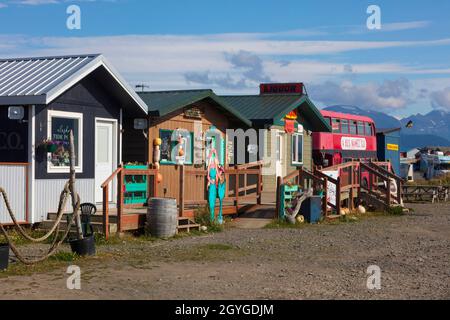 Touristenläden und ein Bus namens "Se" am Homer-Spieß - ALASKA Stockfoto