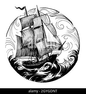 Segelschiff auf stürmischer See. Tinte schwarz-weiss Zeichnung Stockfoto