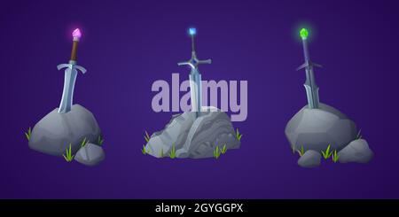 Schwert in Stein, Arthur King excalibur Waffe in Stein stecken, Spiel Design-Elemente mit mittelalterlichen oder magischen Stahlklinge mit Edelstein am Griff, camelot Legende oder Mythos, Cartoon-Vektor-Illustration, Set Stock Vektor