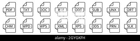 Symbol für Textdateiformate. Satz von Zeilensymbolen verschiedener Textdokumente. Textdateidokumente. Vektorgrafik. Stock Vektor