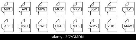 Videodateiformate. Satz von linearen Symbolen verschiedener Videoformate. Symbole für Videodateien. Vektorgrafik. Stock Vektor