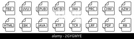 Symbole für das Dateiformat von E-Books. Verschiedene E-Book-Formate von Dateien. Satz linearer Symbole. Vektorgrafik. Stock Vektor