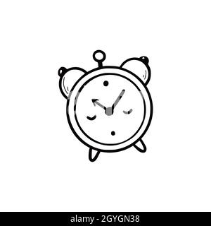 Handgezeichneter niedlicher Wecker. Doodle-Skizzenstil. Zeichnen einer Linie einfacher Alarm mit Gesichtssymbol. Isolierte Vektordarstellung. Stock Vektor