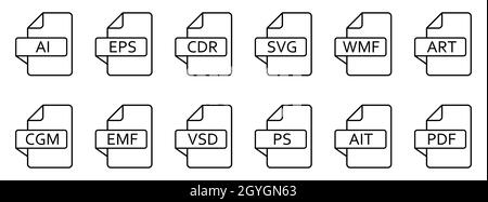 Vektordateiformate. Verschiedene Vektorformate. Satz linearer Symbole. Vektorgrafik. Stock Vektor