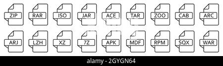 Symbol für Archivdatei. Verschiedene Formate von Archivdateien. Satz linearer Symbole. Vektorgrafik. Stock Vektor