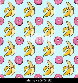 NAHTLOSE MUSTER Donuts und Bananen. Pop-Art-Muster. Amerika der 60er. Helle stilvolle Ornament mit einer Banane. Vektor-Design für den Druck auf Stoff Stock Vektor