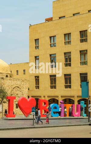 LIBANON, BEIRUT, INNENSTADT VON BEIRUT, WAYGAND STREET, ICH LIEBE BEIRUT VOR DER MALL (BEIRUT SOUKS) Stockfoto