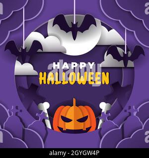Happy halloween im Paper Art Cut Style Design mit Kürbis, Steingrab, Kreuz und Fledermaus Stock Vektor