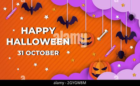 Happy halloween Papierkunst Stil mit Kürbis, Fledermaus, Süßigkeiten, Wolke und Knochen Stock Vektor