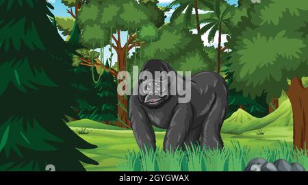 Gorilla in Wald- oder Regenwald-Szene mit vielen Bäumen Illustration Stock Vektor