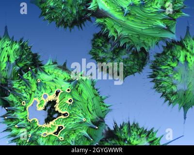 Abstrakte Viruszellen in grüner Farbe auf blauem Hintergrund, 3d-Illustration. Stockfoto