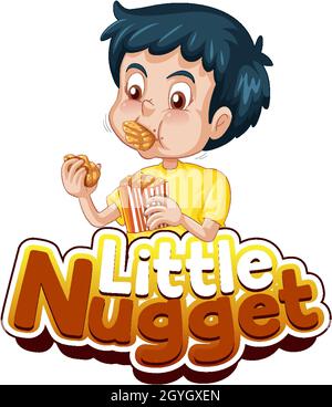 Little Nugget Logo Text-Design mit einem Jungen essen Huhn Nuggets Illustration Stock Vektor