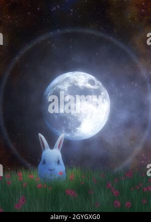 Niedliches weißes Kaninchen im Grasland und Vollmond, Elemente dieses Bildes, die von der NASA eingerichtet wurden. 3D-Illustration. Stockfoto