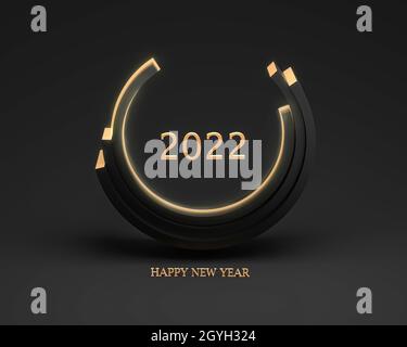Abstrakte Abbildung einer geometrischen Figur mit der Zahl 2022 und einem Happy New Year Gruß. Elegante Postkarte in Schwarz und Gold. 3D-Rendering. Stockfoto