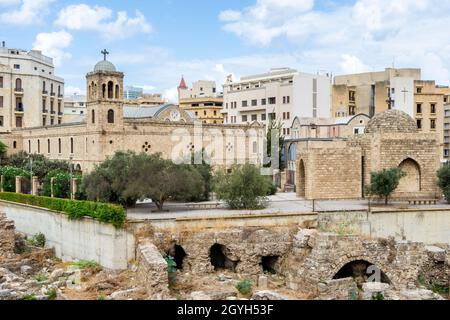 Römische Ruinen und die orthodoxe Kathedrale Saint Georges, Beirut, Libanon Stockfoto