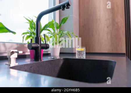 Ein Glas Wasser mit Zitrone steht auf der Theke neben einem Küchenwaschbecken mit modernem Mischarmhahn und einer grünen Topfpflanze Stockfoto