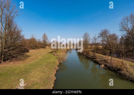 Odra Fluss mit Bäumen und Wiese in CHKO Poodri in der Tschechischen republik während des frühen Frühlingstages mit klarem Himmel Stockfoto