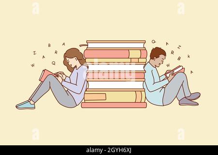 Mann und Frau sitzen am Wochenende in der Nähe von Büchern mit Stapellesungen. Literaturliebhaber lieben es, allein zu lesen. Wissen, Bildung, Bücherwurm. Zeichentrickfigur, flache Vektorgrafik. Stock Vektor