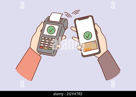 Nahaufnahme Menschen Hände halten Bankautomaten Terminal bezahlen mit Smartphone-Kreditkarte online. Kontaktloses Bezahlen mit Mobiltelefon moderne Technologie-Anwendung. Flache Vektorgrafik. Stock Vektor