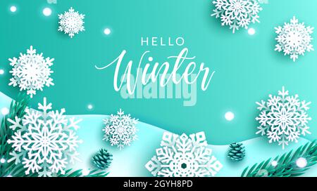 Winter Schneeflocken Vektor Hintergrund-Design. Hallo Winter Gruß Text mit Schneeflocken Papier Kunst Dekoration und lässt Elemente für die kalte Jahreszeit. Stock Vektor