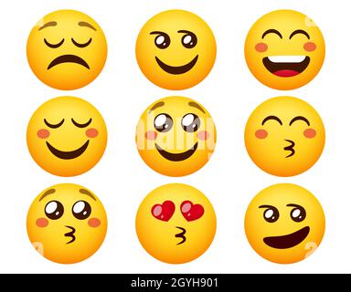 Emoji in Liebe Smileys Vektor-Set. Emoticons Smiley-Zeichen in erröten, lächeln und küssen Gesichtsausdruck für Emojis Liebe Charakter nette Reaktion. Stock Vektor