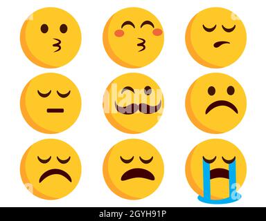 Smileys flaches Emoticon-Vektorset. Emoticons Smiley-Zeichen in küssen, weinen und traurige Stimmung Ausdrücke isoliert in weißem Hintergrund für Emoji. Stock Vektor