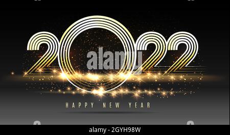 Frohes neues Jahr 2022 Golden glitzernde Funky-Zahlen auf dunklem Hintergrund. Festliche Grußkarte mit Lichteffekt. Vektorgrafik. Stock Vektor