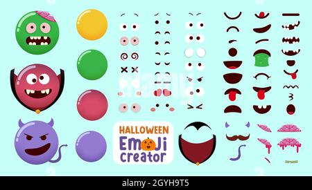 Halloween Emoji Vektor Schöpfer Kit. Smileys Charakter Set im Zombie, Vampir und Teufel Monster Kostüm mit editierbaren Gesichts-Teilen für Horror-Charaktere. Stock Vektor