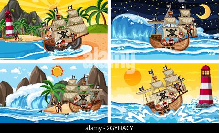 Set aus verschiedenen Strandszenen mit Piratenschiff-Illustration Stock Vektor
