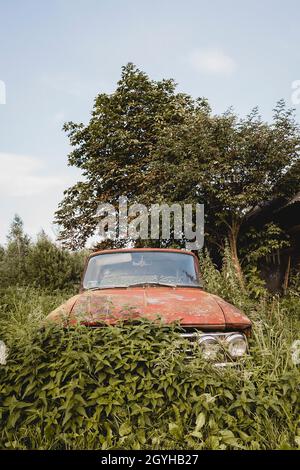 Altes rostiges sowjetisches Auto in wilder Brennnessel aufgegeben Stockfoto