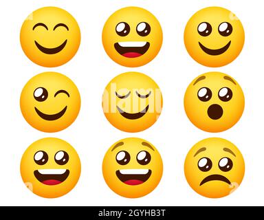 Smileys-Emoticon-Vektorset. Emoticons Smiley-Zeichen in fröhlichen und traurigen Stimmungsausdrücken isoliert auf weißem Hintergrund für Emoji-Charaktersammlung. Stock Vektor