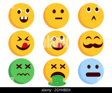 Emoticon-Smileys-Zeichenvektorsatz. Emoticons flache Charaktere in verrückten, kranken, erbrochenen und seltsamen Mimik für lustige Emoji Smiley Sammlung. Stock Vektor