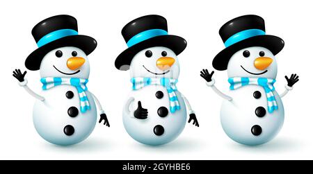 Schneemann Winter Zeichen Vektor-Set. Schneemann 3d-Charakter mit Hut und Schal in winken, okay und fröhlich Pose und Geste für verschneite Saison Cartoon. Stock Vektor