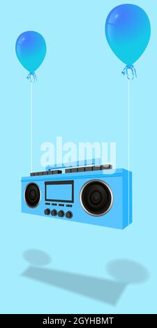 Moderner, eleganter Musikempfänger. Blaue Boombox, Audio und Musik. Retro altes realistisches 3d-Objekt. Vintage Tape Recorder isoliert auf blauem Hintergrund. vect Stock Vektor