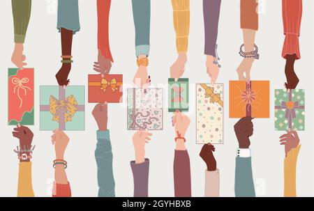 Isolierte Arme verschiedenster und multikultureller Männer und Frauen tauschen Geschenkschachteln als Geschenk für Weihnachtsferien zum Neujahr oder Geburtstag aus. Stock Vektor